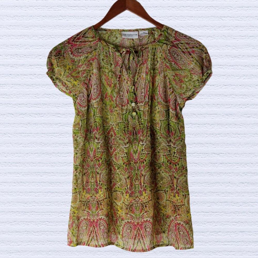 Liz Claiborne short sleeve blouse print green - Size Petite S (PS)
